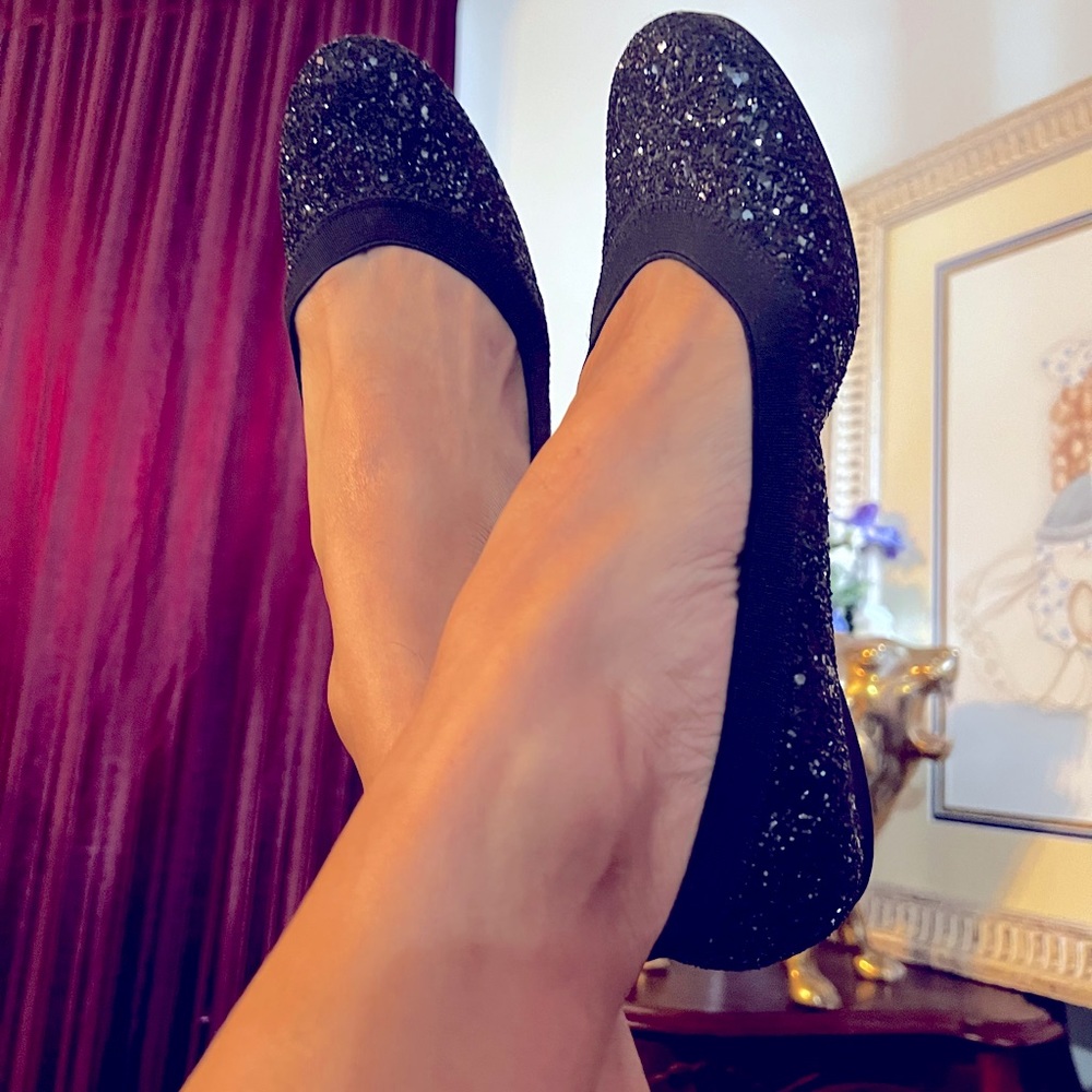 🖤 Stuart Weitzman Black Glitter Ballet Lastikon Flats Slippers Shoes Like New🖤